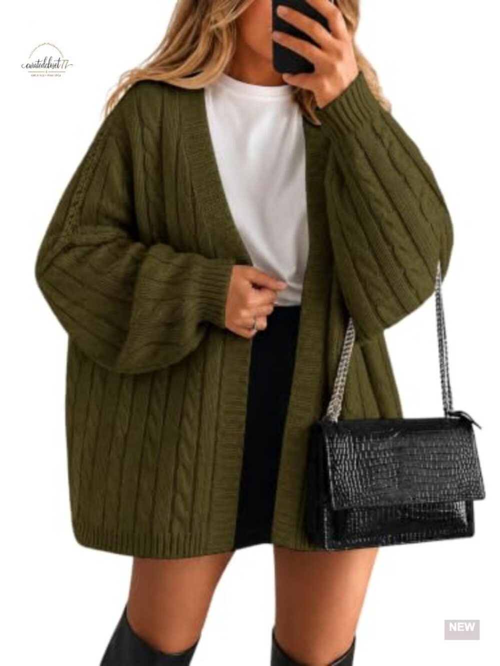 Oversized Cable Knit Cardigan Sweater Balloon Sleeve Open Front Cozy